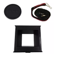 Black square frame, black cap, and black carry strap 